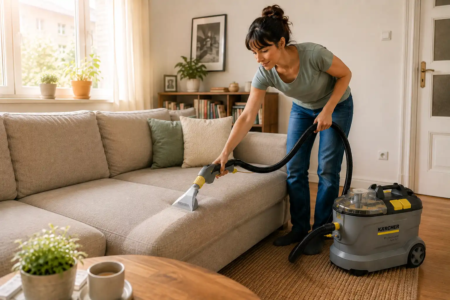 Kärcher Puzzi Polsterreiniger bei der Reinigung eines Sofas